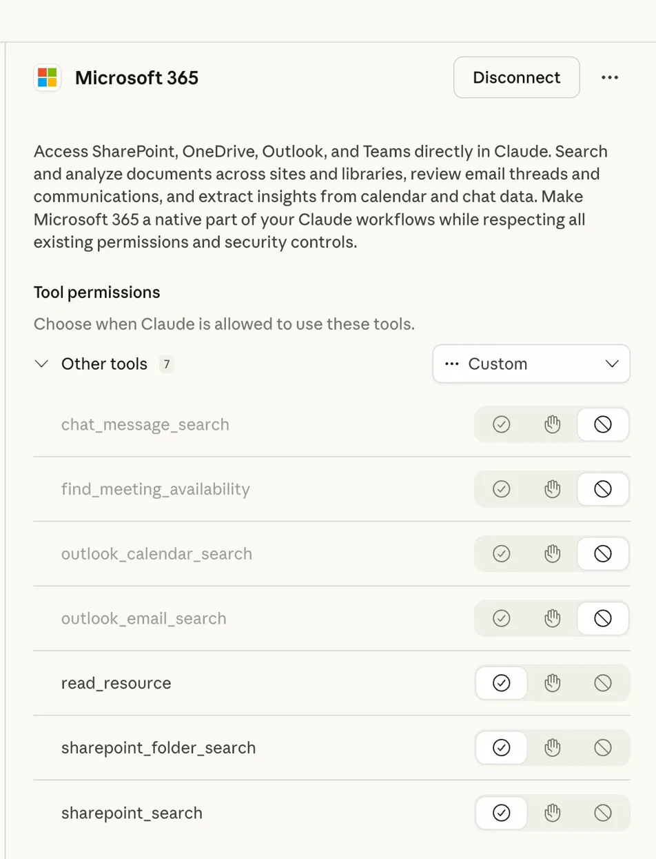 Claude M365 connector permissions