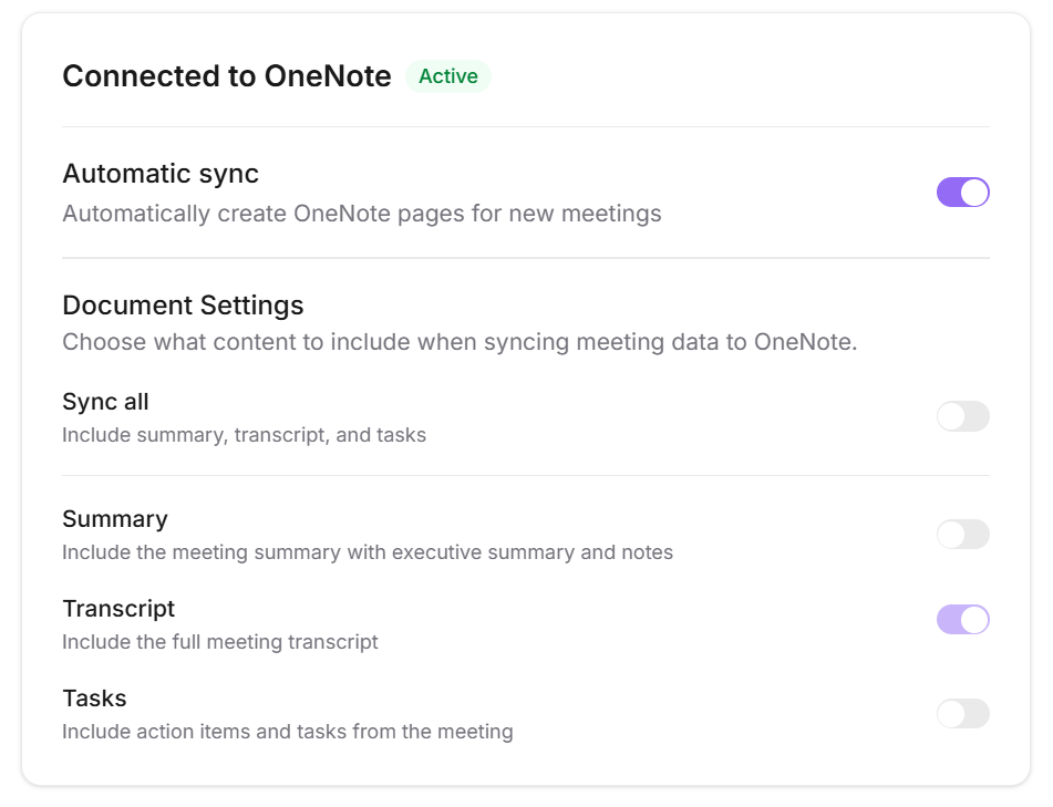 Jamie OneNote integration settings
