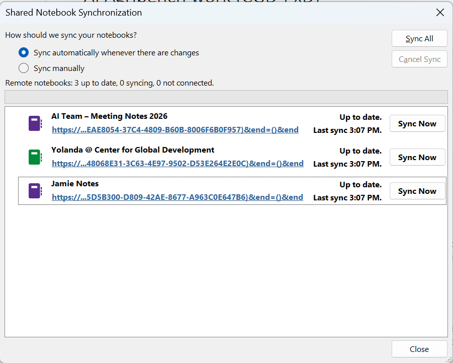 OneNote sync settings